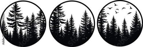 Pine Forest Silhouette Circular Icons Set Featuring Coniferous Trees and Flying Birds for Outdoor Adventure Wilderness Exploration Nature Conservation Environmental Branding and