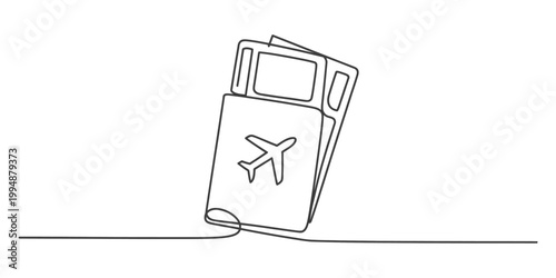 Continuous line drawing of passport and airplane tickets for travel and vacation