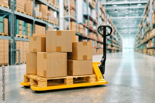 Warehouse With Pallets and Stacked Boxes in a Distribution Center