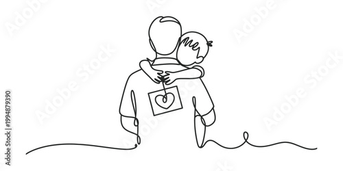 Father and child hugging, one line drawing, love and family concept
