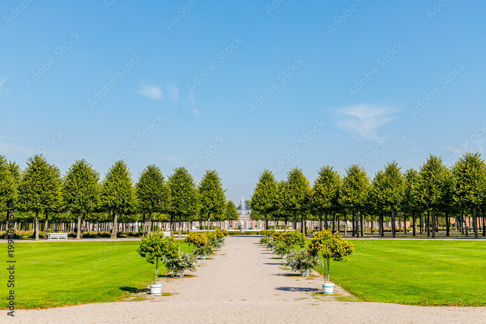 Fototapeta premium garden with neatly arranged trees and paths in a sunny location during the day