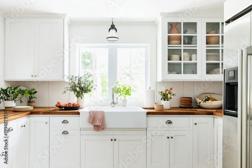 Modern Kitchen With White Cabinets and Wooden Countertop Featuring Plants by ...