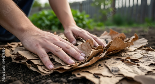 Hands laying cardboard in garden soil for eco-friendly planting bed preparation. Garden project involves layering cardboard to suppress weeds and retain moisture.
