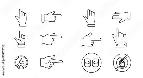 Set of hand cursor icons, pointing fingers, and directional gestures in a clean outline style