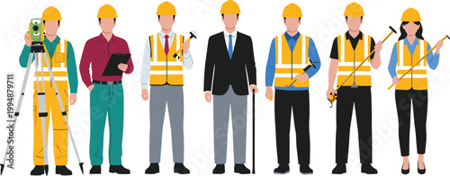 Professional Construction Workers and Architects Set Featuring Diverse Team in Hard Hats and Safety Vests Holding Surveying Tools for Industrial Site Engineering Vector Illustration