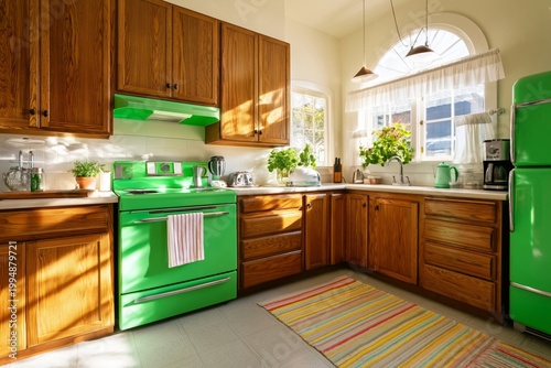 Bright Green Kitchen With Wooden Cabinets and Natural Light in the Afternoon