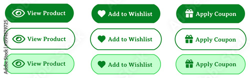 Minimal Green and White E-commerce Button Set with View Product Add to Wishlist Apply Coupon Icons, Clean Modern UI Elements, Rounded Soft Interface Design, Simple Easy-to-Use Web and Mobile Shopping