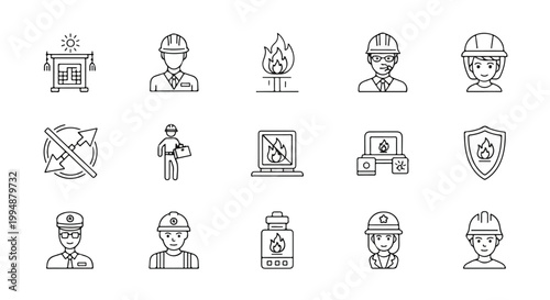 Set of Industry and Safety Icons: Fire, Construction Workers, Protective Gear, and Warning Signs