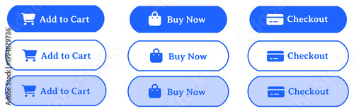 Blue And White  E-commerce Button Set with Add to Cart Buy Now Checkout Icons, Clean Modern UI Elements, Rounded Soft Interface Design, Simple Easy-to-Use Web and Mobile Shopping Buttons Collection