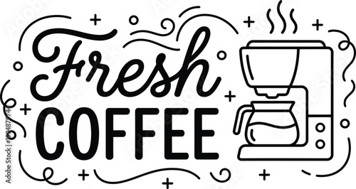 This artistic vector graphic illustration features a coffee maker brewing a pot of hot, fresh coffee