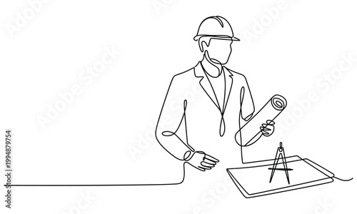 Architectural professional engineer holding blueprints and drafting tools.