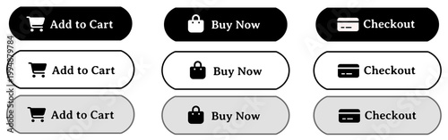 Minimal Black And White E-commerce Button Set with Add to Cart Buy Now Checkout Icons, Clean Modern Dark UI Elements, Rounded Soft Interface Design, Simple Easy-to-Use Web and Mobile Shopping Buttons 
