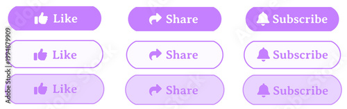 Minimal Purple and White Social Media Button Set with Like Share Subscribe Icons, Clean Modern UI Elements, Rounded Soft Interface Design, Simple Easy-to-Use Web and Mobile Buttons Collection 