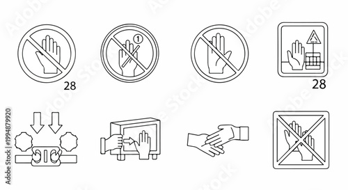 Set of industrial safety warning signs and symbols for manual handling and machine operation