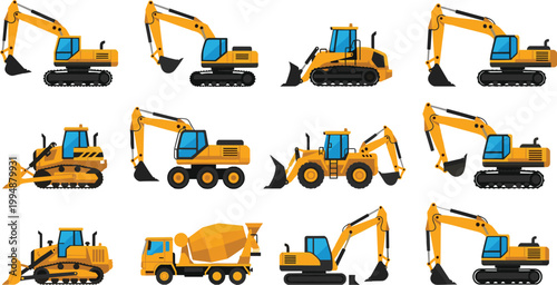 Set of construction machinery icons including excavators, bulldozers, loaders and cement mixer trucks in flat design style isolated on white background for industrial engineering projects
