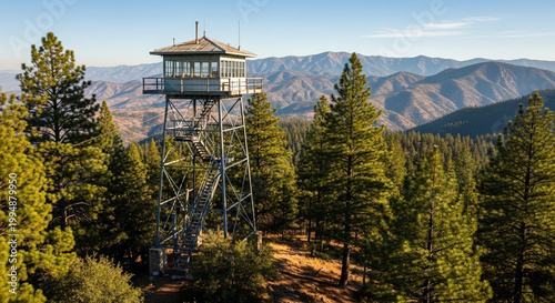 Scenic view of fire lookout tower among pine trees with mountains in background. Observation tower is situated in dense forest providing panoramic views of stunning landscape.