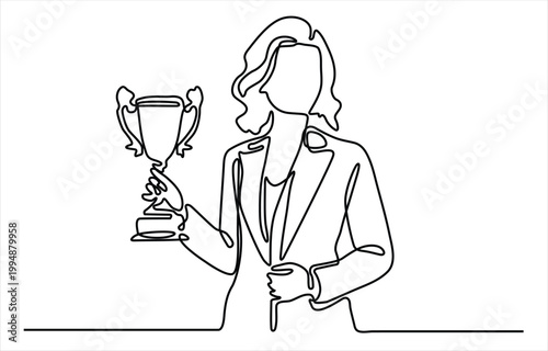 Foto Continuous line art illustration of person holding trophy symbolizing achievemen
