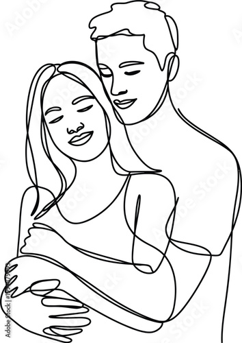 Romantic, couple embracing tightly in a tender hug with minimalist continuous line art style expressing deep affection, emotional connection, and intimacy ideal for modern illustration 