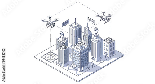 Isometric Smart City Drone Delivery and Urban Logistics Technology Illustration