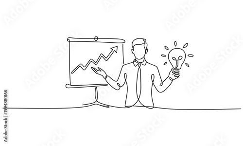 Businessman presenting growth chart holding a bright idea light bulb.
