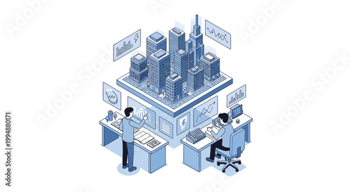 Isometric Smart City Control Center with Digital Twin Infrastructure and Data Analytics Dashboard Management for Sustainable Urban Planning and Energy Monitoring