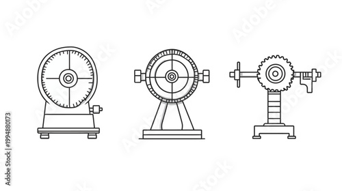 Three line-art diagrams of mechanical devices featuring wheels, gears, and adjustable components