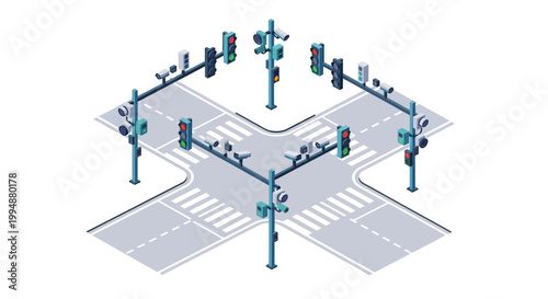 Isometric Smart City Intersection with Traffic Lights and CCTV Security Cameras for Traffic Management and Urban Surveillance, 3D Vector Illustration