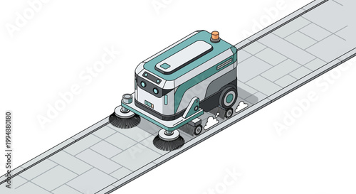 Autonomous Street Sweeper Robot Cleaning Sidewalk, Isometric Vector Illustration of Smart City Maintenance Technology for Urban Sanitation and Automation.