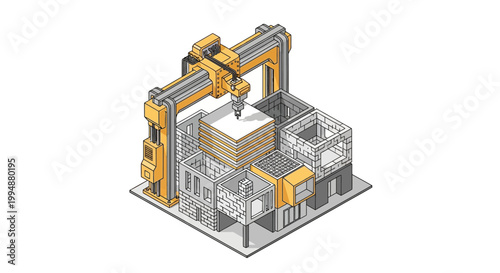 Isometric 3D Printing Construction Robot Building Modular Houses, Innovative Automated Architectural Technology for Future Sustainable Housing and Smart City Development