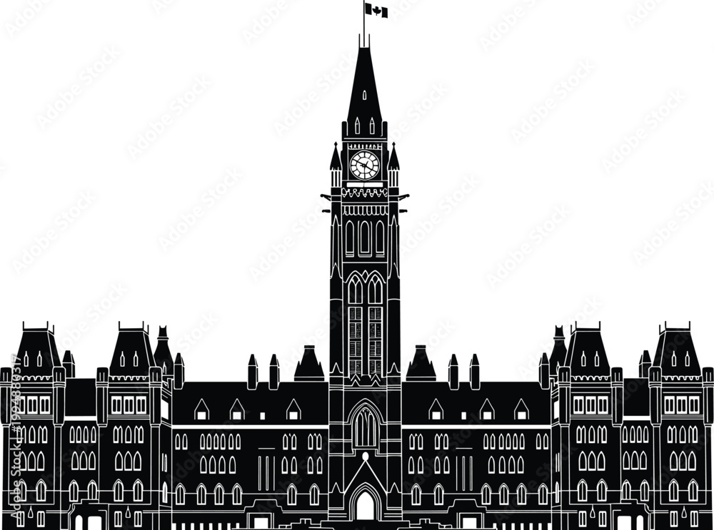 Fototapeta premium Parliament Hill of Canada Black and White Vector Illustration of Government Building with Clock Tower and Canadian Flag for Architecture, History, and National Identity