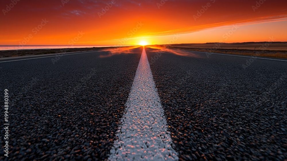 Fototapeta premium Leere Landstraße führt direkt in einen dramatischen Sonnenuntergang am Horizont.