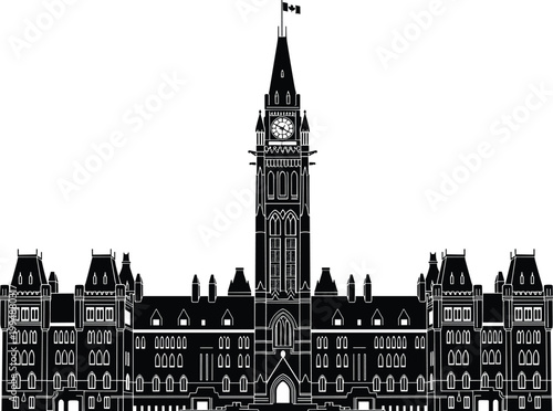 Parliament Hill of Canada Black and White Vector Illustration of Government Building with Clock Tower and Canadian Flag for Architecture, History, and National Identity