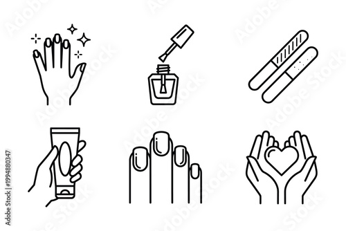 Set of nail care and manicure routine icons with manicure cosmetic treatment wellness fingernails grooming pedicure