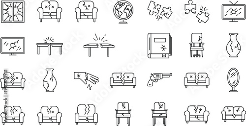 Bild auf Leinwand Broken Object Icons Set with Cracked Furniture, Appliances, and Household Items