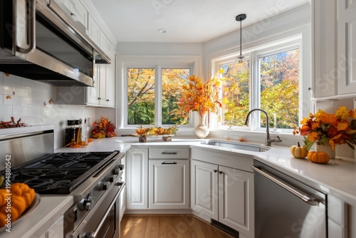 Warm Kitchen With Autumn Decorations and Natural Light Shining Through Windows