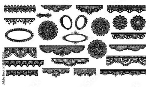 Modern black lace ornament set with decorative frames trims and floral vector elements