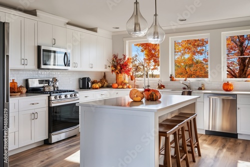 Warm Kitchen With Autumn Decorations and Natural Light Shining Through Windows