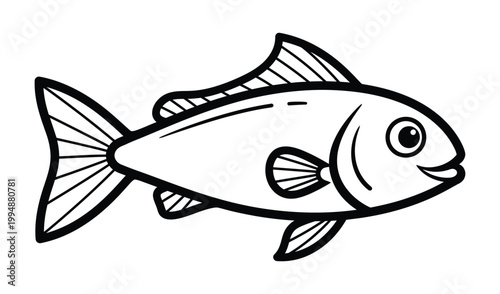 Detailed black and white illustration of a fish, side view, showcasing fins and scales, isolated on white background, perfect for educational materials or designs.