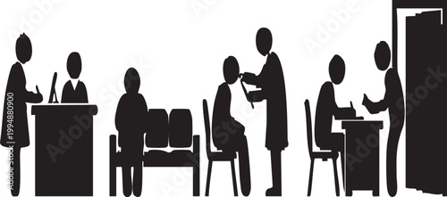 Clinic Workflow Process and Patient Journey from Entry to Exit Vector Silhouette Set