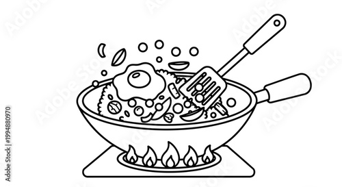 Kitchen spatula and fried egg line art vector illustration