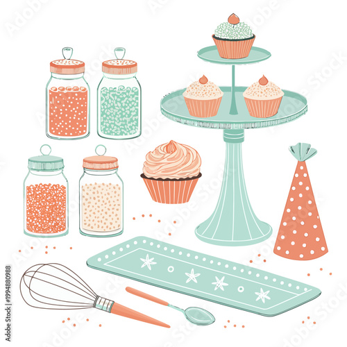 Baking ingredients and cupcakes set with glass jars of sprinkles and whisk and spatula on turquoise tray with party hat in colorful vector illustration for bakery.