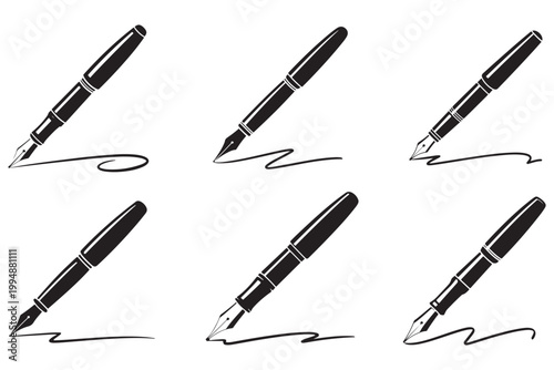 Six black silhouette fountain pens writing on white background