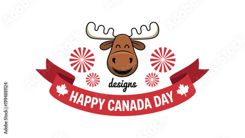 Happy canada day banner with cartoon moose head and festive pinwheels over white background.