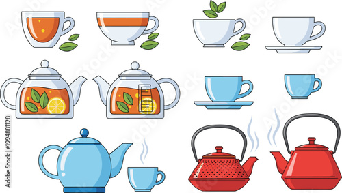Tea Time Vector Set with Teacups, Teapots, Lemon Tea, Herbal Tea and Hot Beverages for Kitchen, Cafe, Menu and Relaxation Illustration Projects
