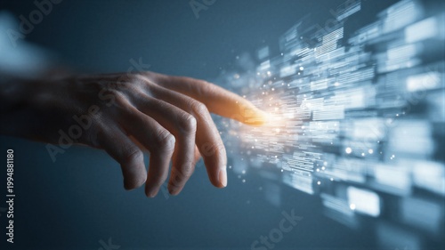 Hand touching futuristic digital interface with floating data streams. Person interacting with holographic virtual computer screen. Innovation, connectivity and advanced technology concept.