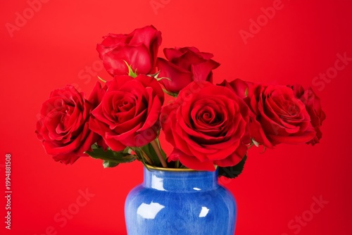 Roses in a Blue Vase Against a Bright Red Background