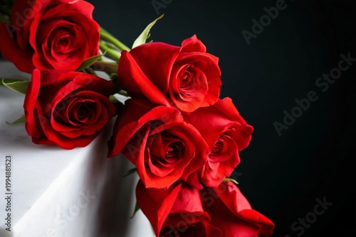 Roses Sit on a White Surface With a Dark Background in a Simple Arrangement f...