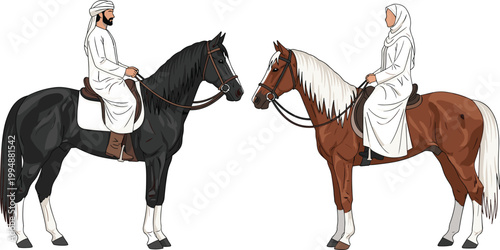 Arab Man and Woman Riding Horses in Traditional Clothing for Middle Eastern, Culture, and Equestrian Design Themes