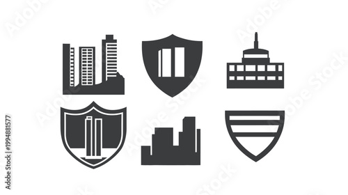 Six distinct, monochrome graphics, consisting of a cityscape, shields with bars, and buildings
