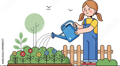 Young Girl Watering Flowers in Garden with Watering Can
